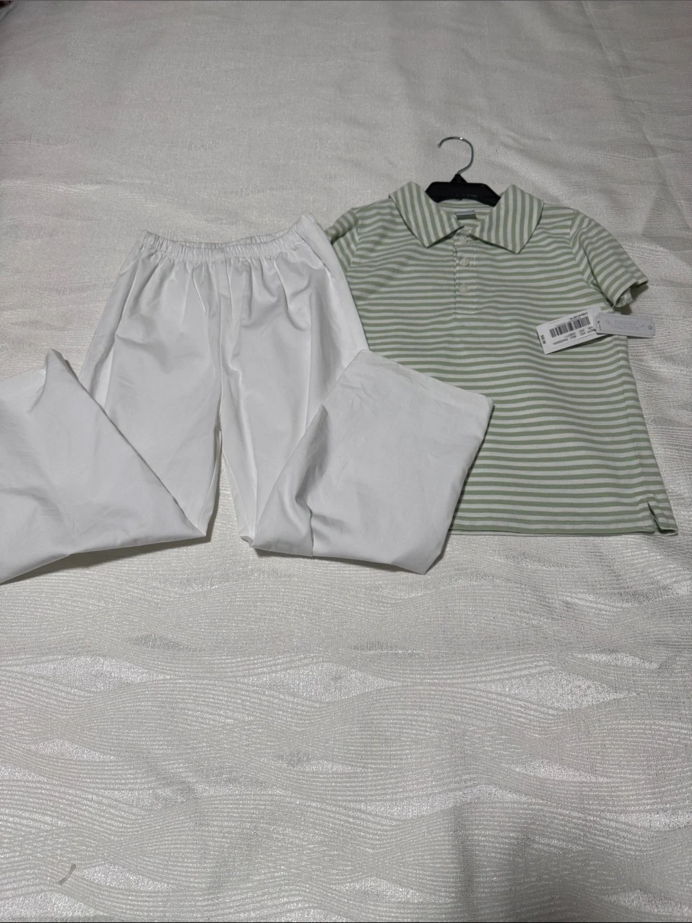 Edgehill Collection White Elastic Waist Pants with Green-Striped Polo for boys 5